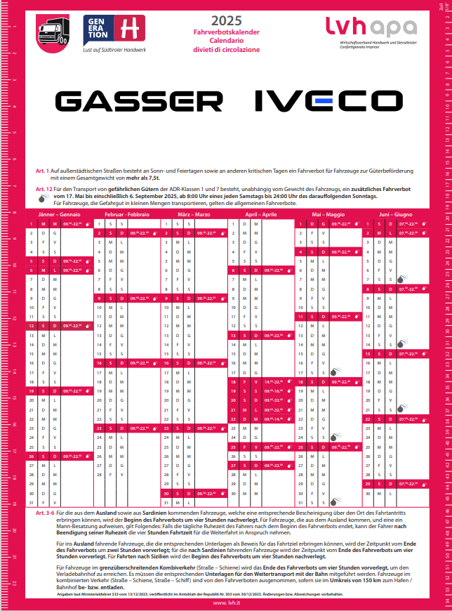 GASSER IVECO Fahrverbotskalender 2024 17x23 DEIT 001